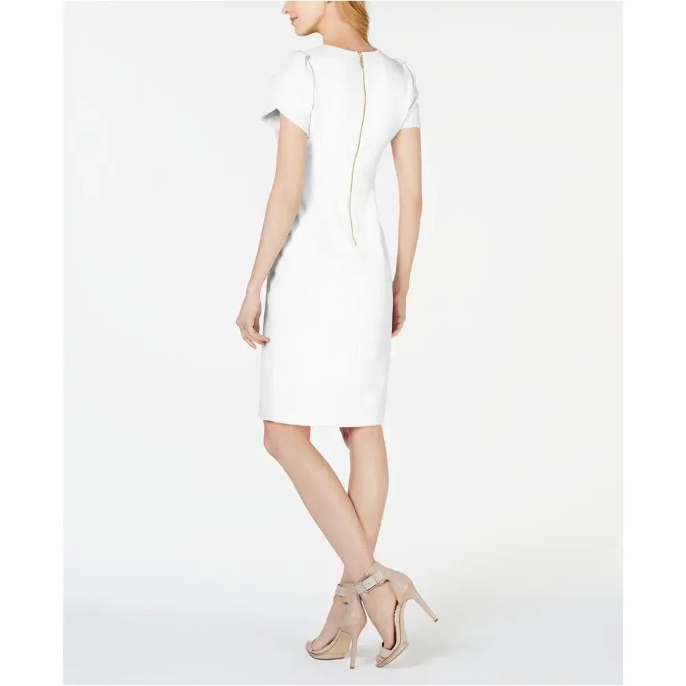 Calvin Klein Scuba Crepe Sheath Dress w/Short Tulip Sleeve in Cream - 10, NWOT - Picture 2 of 10